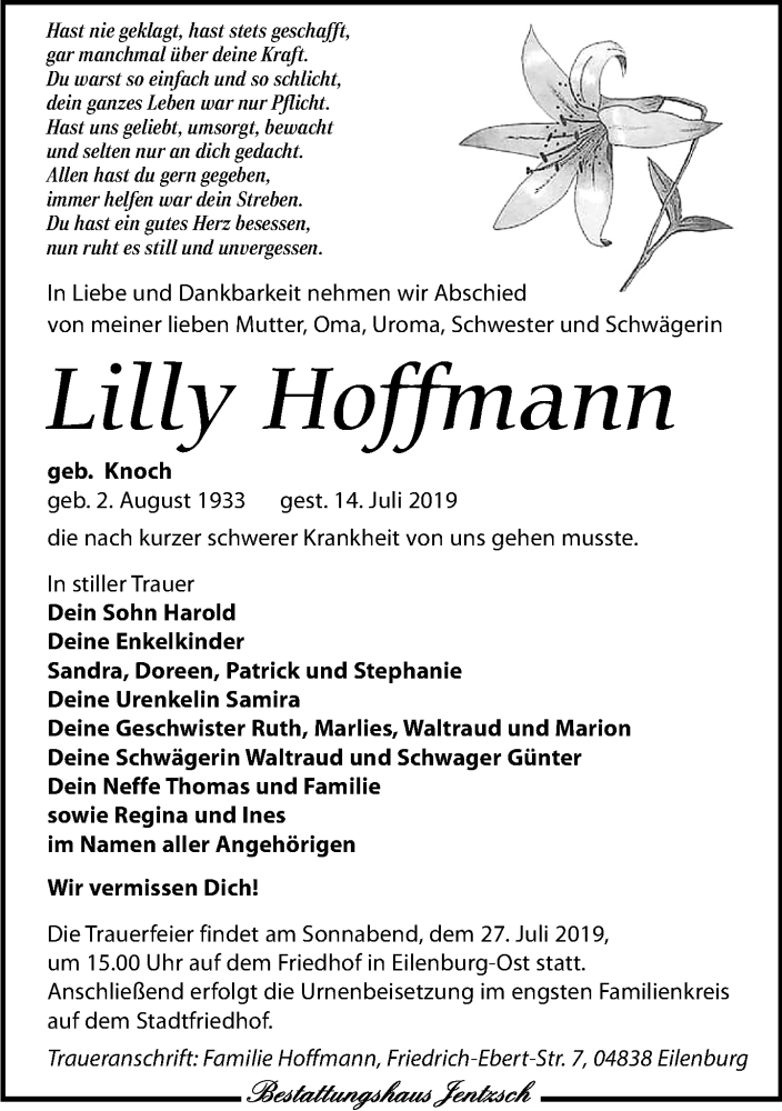  Traueranzeige für Lilly Hoffmann vom 20.07.2019 aus Leipziger Volkszeitung