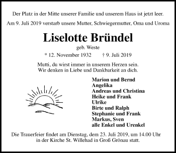 Traueranzeige von Liselotte Bründel von Lübecker Nachrichten