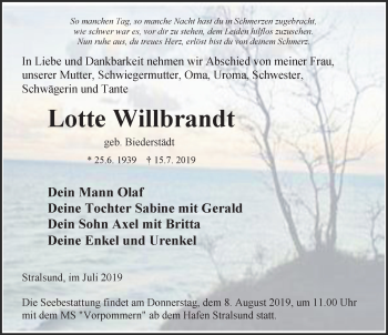 Traueranzeige von Lotte Willbrandt von Ostsee-Zeitung GmbH