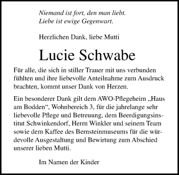 Traueranzeige von Lucie Schwabe von Ostsee-Zeitung GmbH