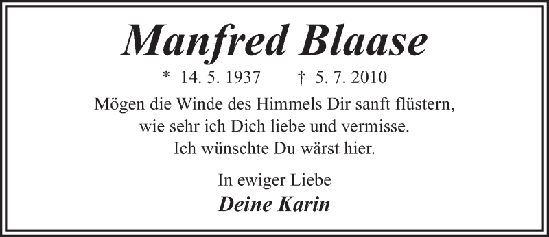  Traueranzeige für Manfred Blaase vom 05.07.2019 aus Kieler Nachrichten