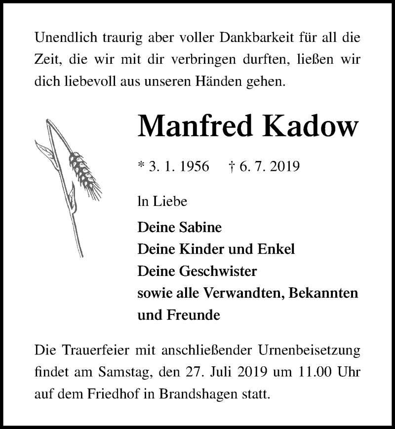 Traueranzeige für Manfred Kadow vom 13.07.2019 aus Ostsee-Zeitung GmbH