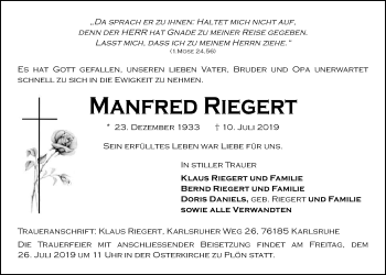 Traueranzeige von Manfred Riegert von Kieler Nachrichten