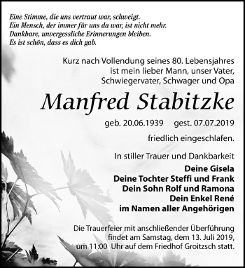 Traueranzeige von Manfred Stabitzke von Leipziger Volkszeitung