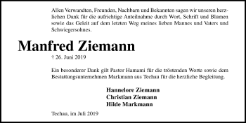 Traueranzeige von Manfred Ziemann von Lübecker Nachrichten