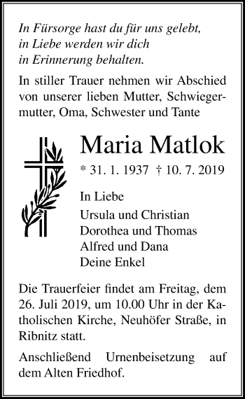 Traueranzeige von Maria Matlok von Ostsee-Zeitung GmbH