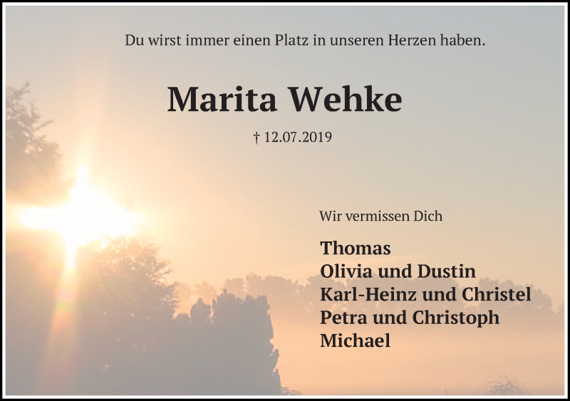  Traueranzeige für Marita Wehke vom 16.07.2019 aus Aller Zeitung