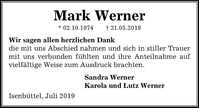  Traueranzeige für Mark Werner vom 06.07.2019 aus Aller Zeitung