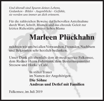 Traueranzeige von Marleen Plückhahn von Märkischen Allgemeine Zeitung