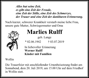 Traueranzeige von Marlies Rulff von Märkischen Allgemeine Zeitung