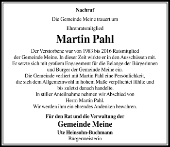 Traueranzeige von Martin Pahl von Aller Zeitung