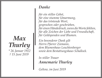 Traueranzeige von Max Thurley von Märkischen Allgemeine Zeitung