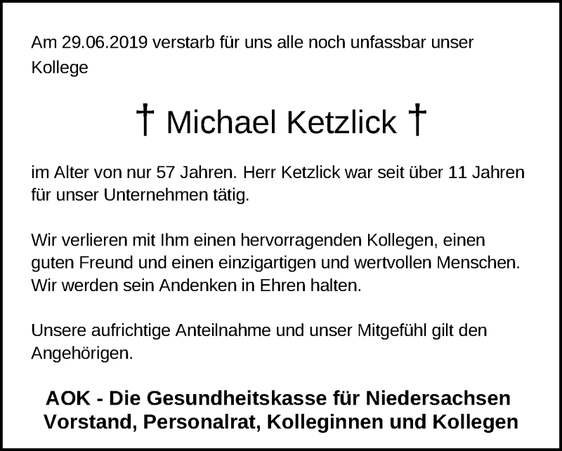  Traueranzeige für Michael Ketzlick vom 06.07.2019 aus Hannoversche Allgemeine Zeitung/Neue Presse