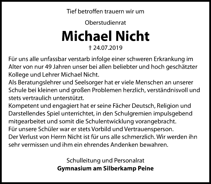  Traueranzeige für Michael Nicht vom 27.07.2019 aus Peiner Allgemeine Zeitung