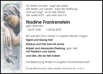 Traueranzeige von Nadine Frankenstein von Hannoversche Allgemeine Zeitung/Neue Presse