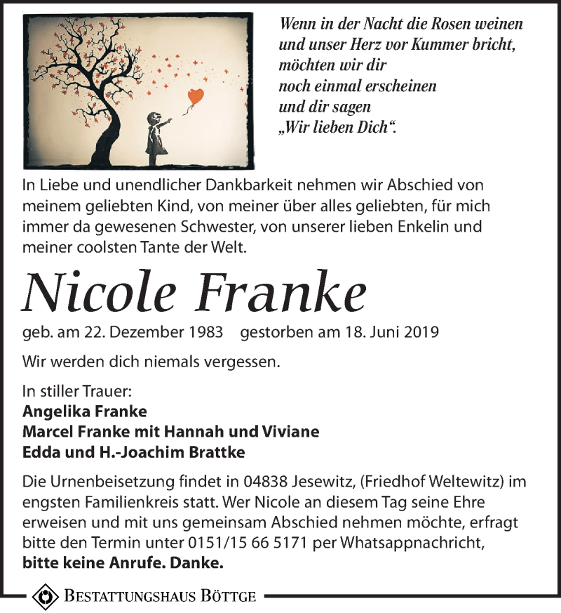  Traueranzeige für Nicole Franke vom 29.06.2019 aus Leipziger Volkszeitung