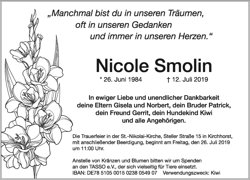  Traueranzeige für Nicole Smolin vom 20.07.2019 aus Hannoversche Allgemeine Zeitung/Neue Presse