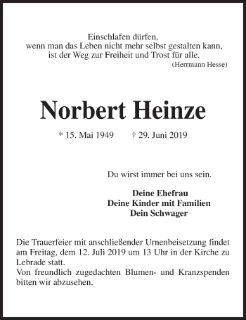 Traueranzeige von Norbert Heinze von Kieler Nachrichten
