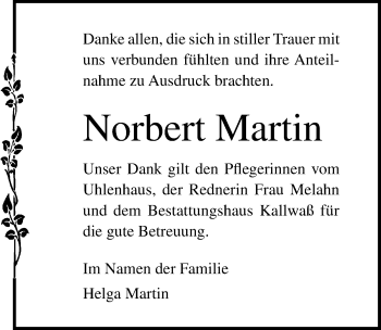 Traueranzeige von Norbert Martin von Ostsee-Zeitung GmbH