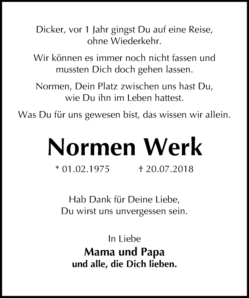  Traueranzeige für Normen Werk vom 13.07.2019 aus Aller Zeitung