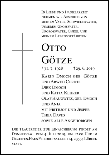 Traueranzeige von Otto Götze von Lübecker Nachrichten
