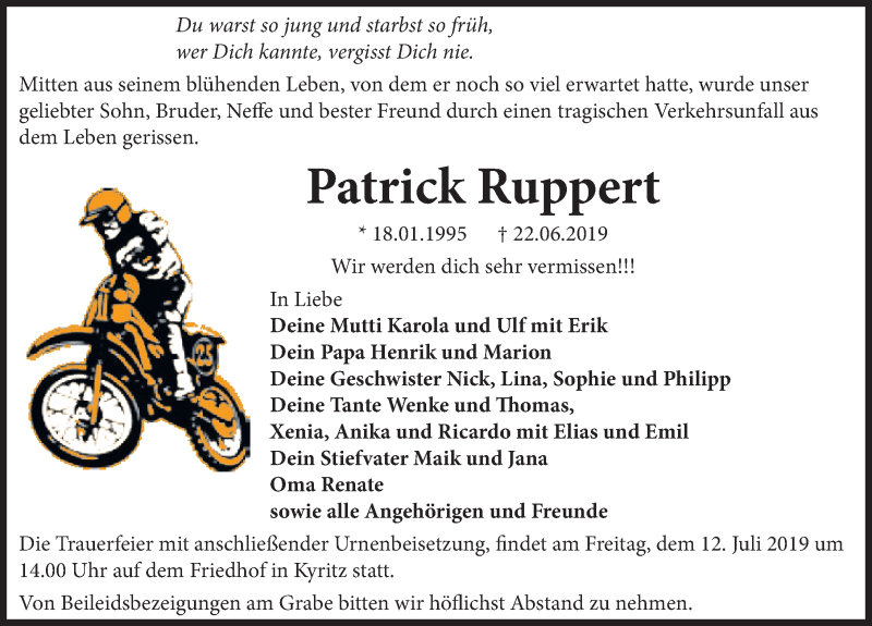  Traueranzeige für Patrick Ruppert vom 29.06.2019 aus Märkischen Allgemeine Zeitung