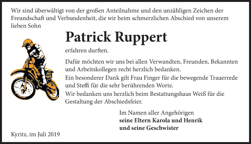  Traueranzeige für Patrick Ruppert vom 20.07.2019 aus Märkischen Allgemeine Zeitung