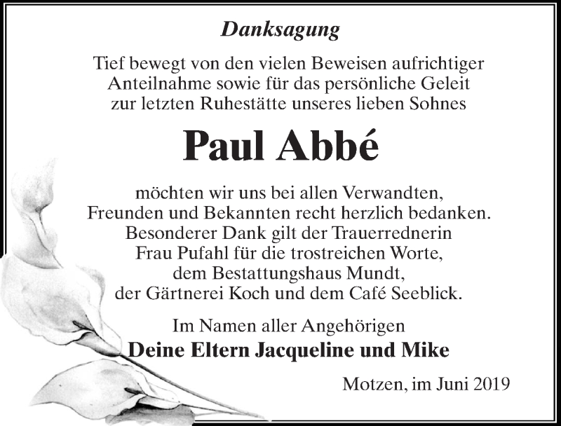  Traueranzeige für Paul Abbé vom 29.06.2019 aus Märkischen Allgemeine Zeitung