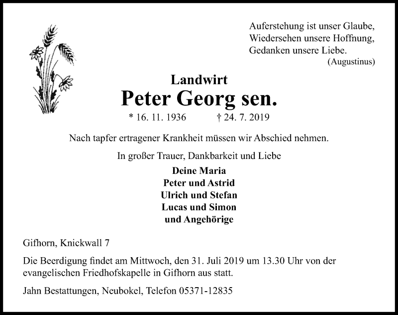  Traueranzeige für Peter Georg vom 27.07.2019 aus Aller Zeitung