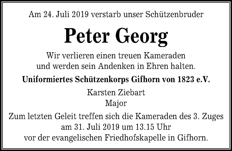  Traueranzeige für Peter Georg vom 30.07.2019 aus Aller Zeitung