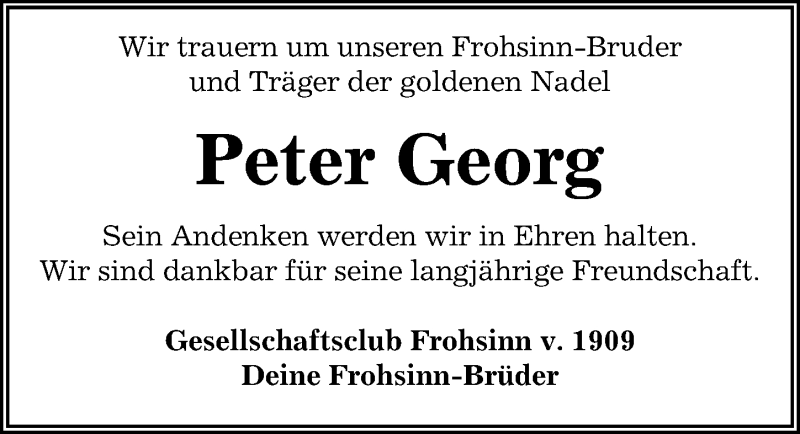  Traueranzeige für Peter Georg vom 31.07.2019 aus Aller Zeitung