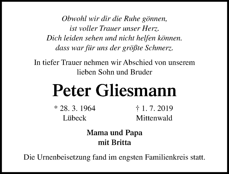  Traueranzeige für Peter Gliesmann vom 07.07.2019 aus Lübecker Nachrichten