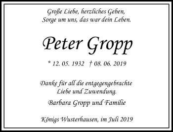 Traueranzeige von Peter Gropp von Märkischen Allgemeine Zeitung