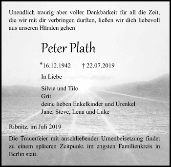 Traueranzeige von Peter Plath von Ostsee-Zeitung GmbH