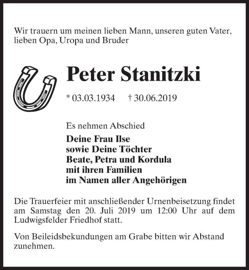  Traueranzeige für Peter Stanitzki vom 06.07.2019 aus Märkischen Allgemeine Zeitung