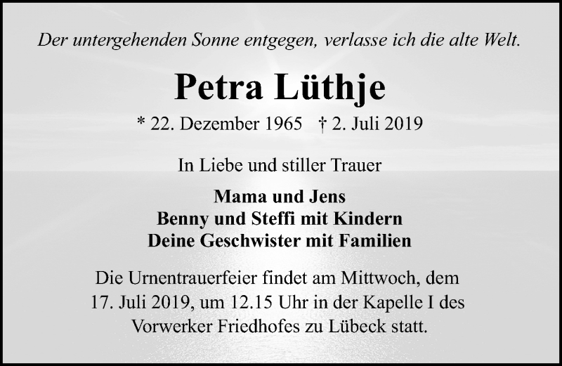  Traueranzeige für Petra Lüthje vom 07.07.2019 aus Lübecker Nachrichten