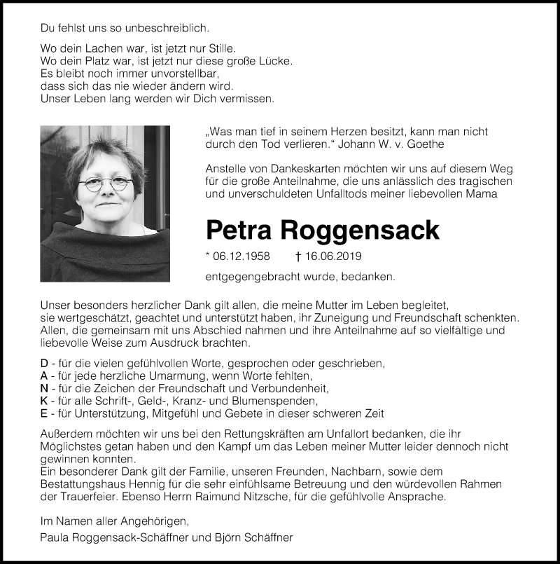  Traueranzeige für Petra Roggensack vom 13.07.2019 aus Ostsee-Zeitung GmbH