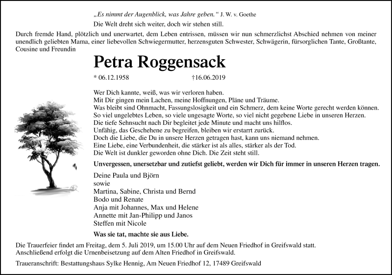  Traueranzeige für Petra Roggensack vom 29.06.2019 aus Ostsee-Zeitung GmbH