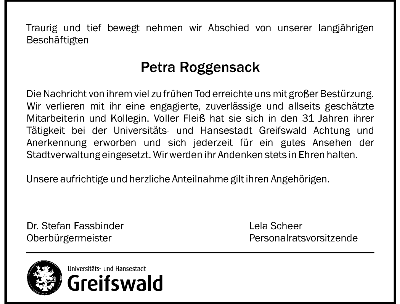  Traueranzeige für Petra Roggensack vom 29.06.2019 aus Ostsee-Zeitung GmbH