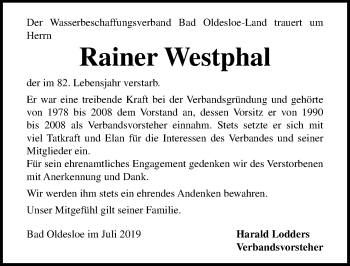 Traueranzeige von Rainer Westphal von Lübecker Nachrichten