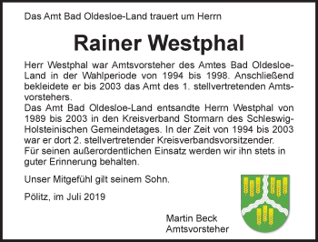 Traueranzeige von Rainer Westphal von Lübecker Nachrichten