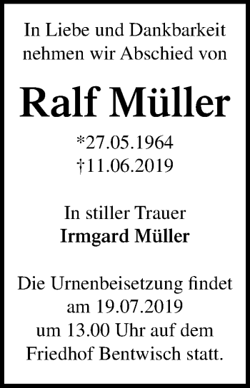 Traueranzeige von Ralf Müller von Ostsee-Zeitung GmbH
