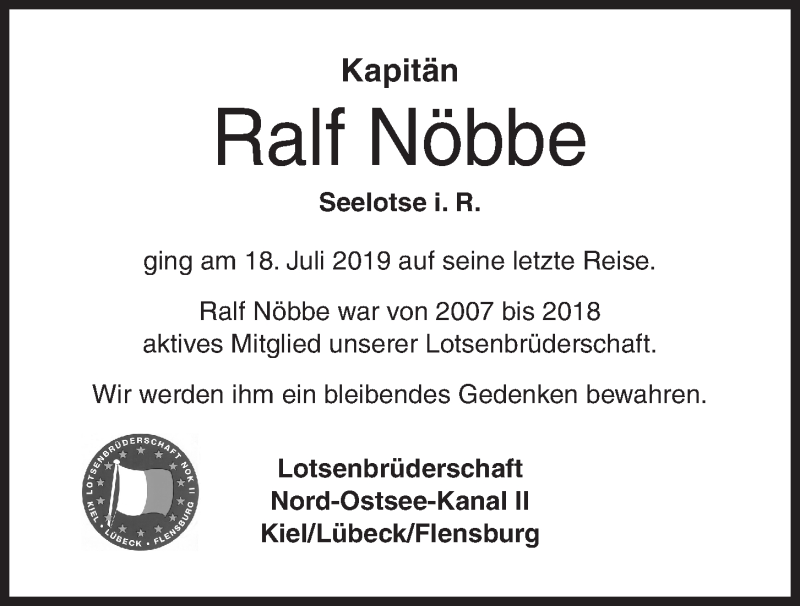  Traueranzeige für Ralf Nöbbe vom 24.07.2019 aus Kieler Nachrichten
