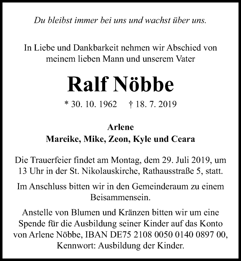  Traueranzeige für Ralf Nöbbe vom 24.07.2019 aus Kieler Nachrichten