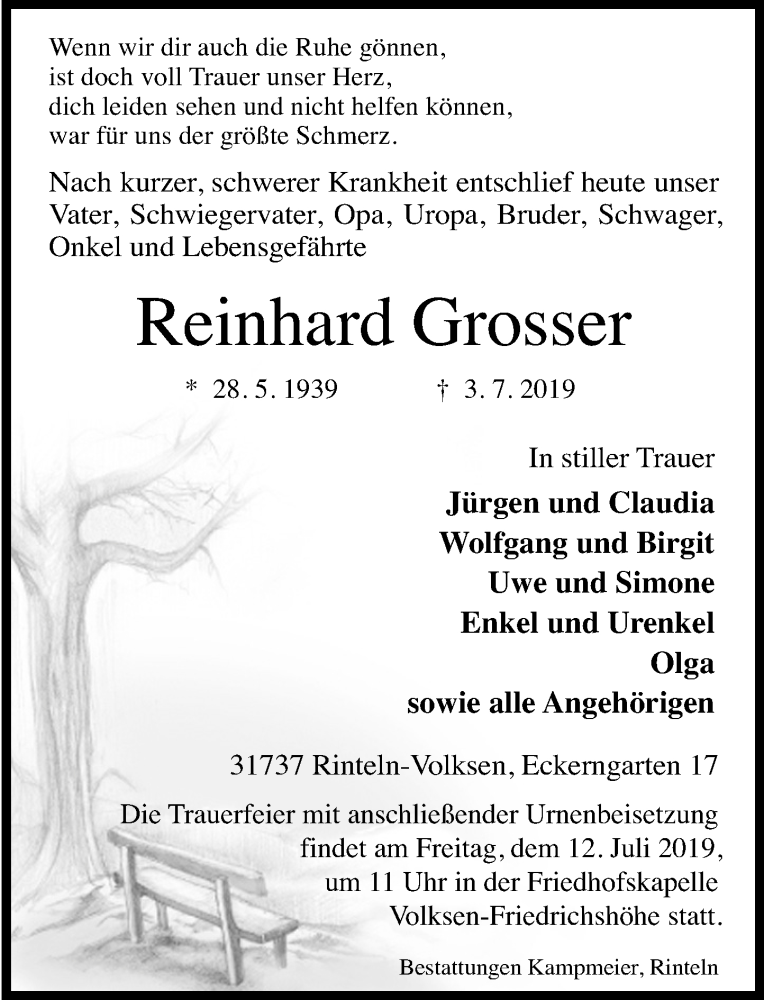  Traueranzeige für Reinhard Grosser vom 06.07.2019 aus Schaumburger Nachrichten