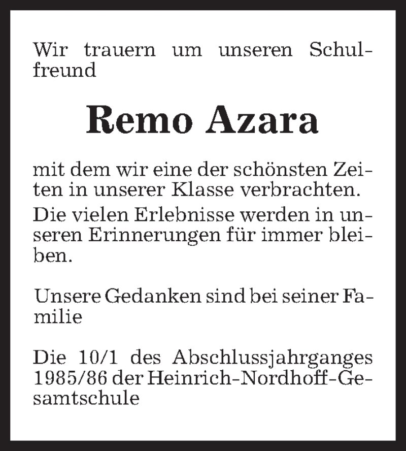  Traueranzeige für Remo Azara vom 02.07.2019 aus Aller Zeitung