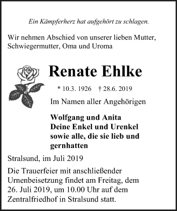 Traueranzeige von Renate Ehlke von Ostsee-Zeitung GmbH