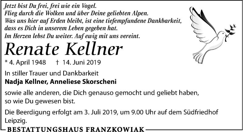  Traueranzeige für Renate Kellner vom 29.06.2019 aus Leipziger Volkszeitung