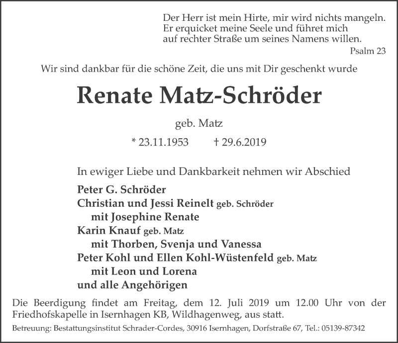  Traueranzeige für Renate Matz-Schröder vom 06.07.2019 aus Hannoversche Allgemeine Zeitung/Neue Presse
