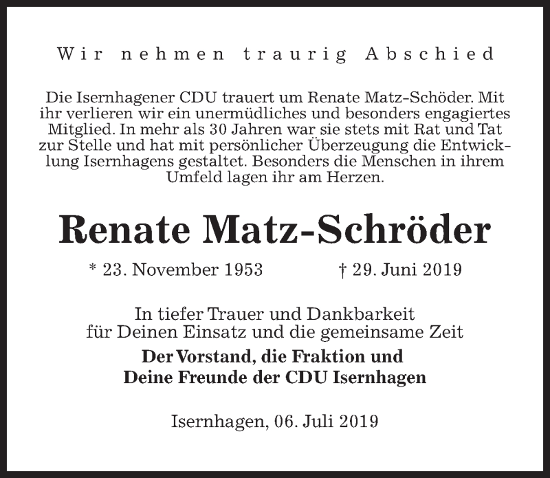  Traueranzeige für Renate Matz-Schröder vom 06.07.2019 aus Hannoversche Allgemeine Zeitung/Neue Presse